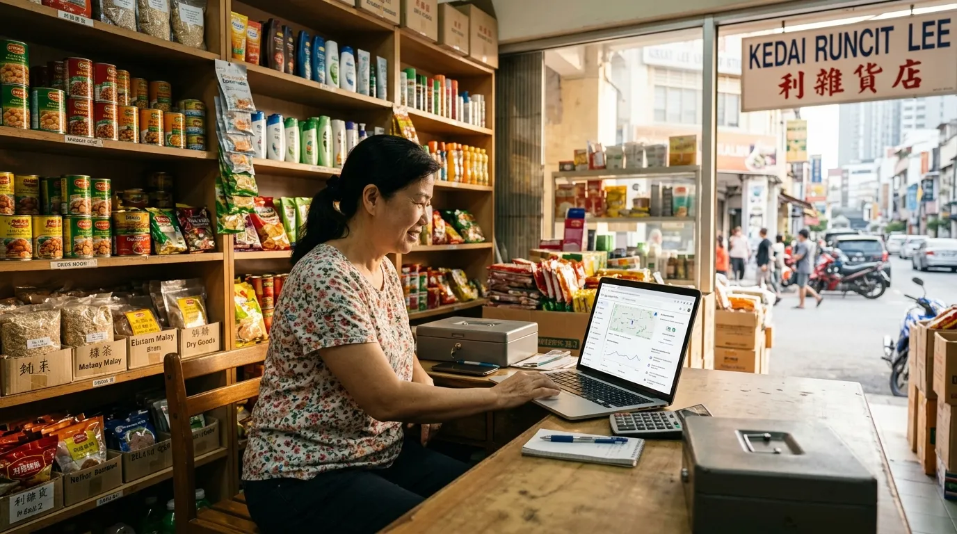 A Malaysian shop owner reviewing their Google Business Profile business name on a laptop in a modest KL shopfront